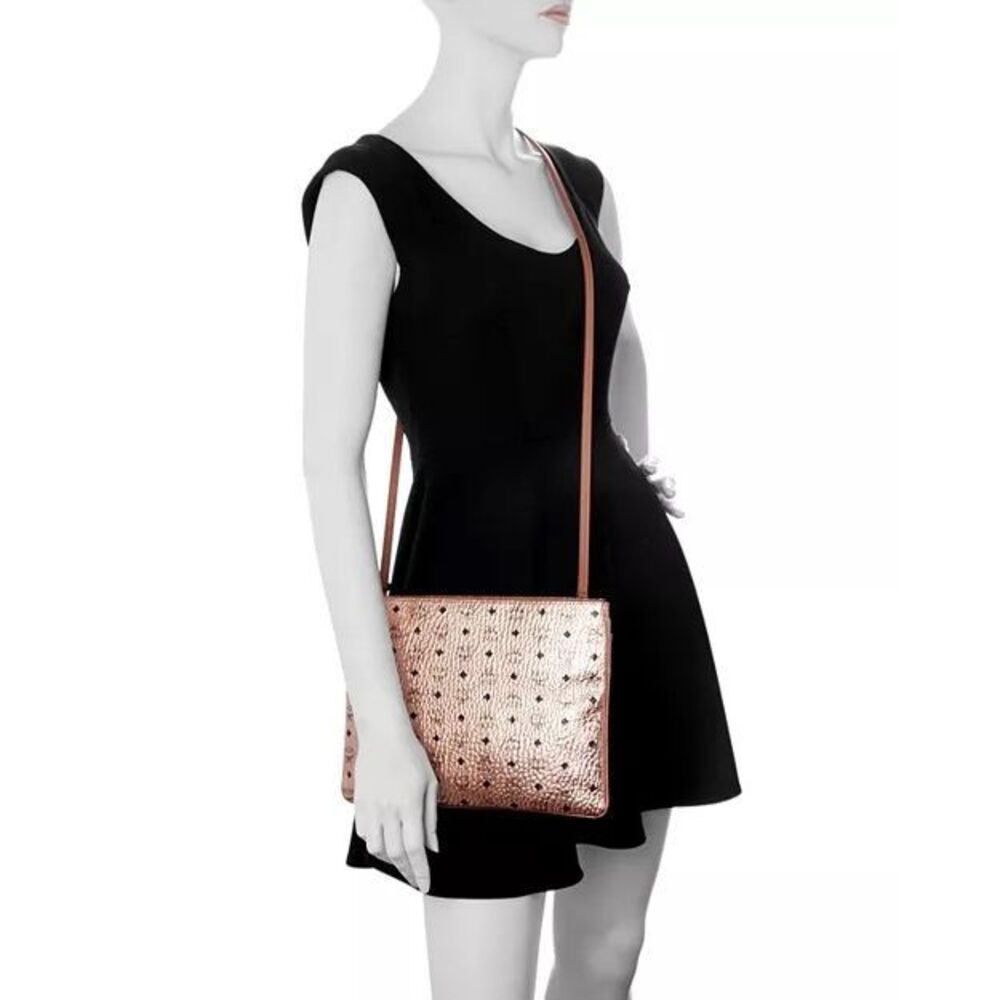 NWT MCM Monogram Printed Metallic Visetos Crossbody Pouch Champagne Medium $365